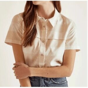 NEW BLDWN Lexie Lasso Short Sleeve Button Up Shirt Women's Beige Size‎ Large